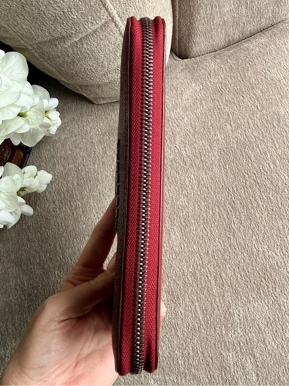 Burberry Red Textured Zip-Around Large Organizer Wallet Authentic